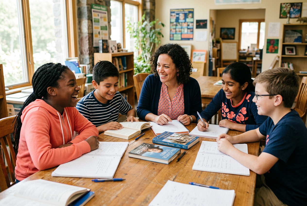 Students learning together with a mentor around a table